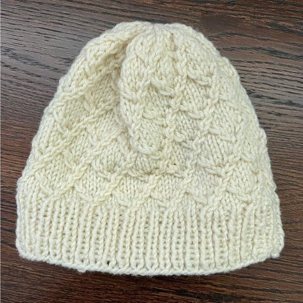 Wool Handmade cream Knit Beanie hat Stretchy Unisex baby toddler 40-50cm beige